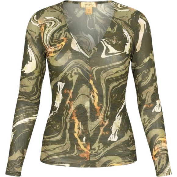 Bailey 44 Tops - Bailey 44 Mesh Top Medium Green Marble Swirl Ruched Long Sleeve V-Neck